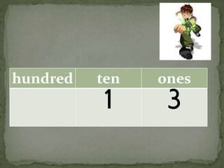 hundred ten ones
1 3
 