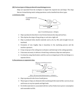 (B) Varioustypesofchipsproducedinmachiningprocess:
Chips are separated from the workpiece to impart the required size and shape. The chips
that are formed during metal cutting operations can be classified into three types:
a. Continuous chips:
 Chip is produced when there is low friction between the chip and tool face.
 This chip has the shape of long string or curls into a tight roll.
 Chip is produced when ductile materials such as Al, Cu, M.S, and wrought Iron are
machined.
 Formation of very lengthy chip is hazardous to the machining process and the
machine operators.
 It may wrap up on the cutting tool, workpiece and interrupt in the cutting operation.
 It becomes necessary to deform or break long continuous chips into small pieces.
 It is done by using chip breakers and this can be an integral part of the tool design or a
separate device.
b. Discontinuous or segmental chips:
 Chip is produced in the formof small pieces.
 These types of chips are obtained while machining brittle material like cast iron, brass
and bronze at very low speeds and high feeds.
 For brittle materials it is associated with fair surface finish, lower power consumption
and reasonable tool life.
 