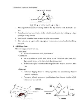 c. Continuous chips with built-up edge:
 When high friction exists between chip and tool, the chip material welds itself to the tool
face.
 Welded material increases friction further which in turn leads to the building up a layer
upon layer of chip material.
 Build up edge grows and breaks down when it becomes unstable.
 Chips with build-up edge result in higher power consumption, poor surface finish and large
tool wear.
8. (A) (i) Tool Wear:
The various types of tool wears are,
a.Flank wear:
 Occursbetween tool and workpiece interface.
b.Crater wear:
 Due to pressure of the hot chip sliding up the face of the tool, crater or a
depression is formed on the faceof tool. (Ductilematerials)
 By diffusion shape of crater formed corresponds to the shape of underside of the
chip
c.Nose wear:
 Mechanical chipping of nose an cutting edge of the tool are commonly observed
causes fortool failure.
 This type of failure is pronounced in carbide tipped and diamond tools due to high
brittleness of tool material.
 