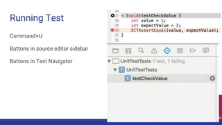 Running Test
Command+U
Buttons in source editor sidebar
Buttons in Test Navigator
 