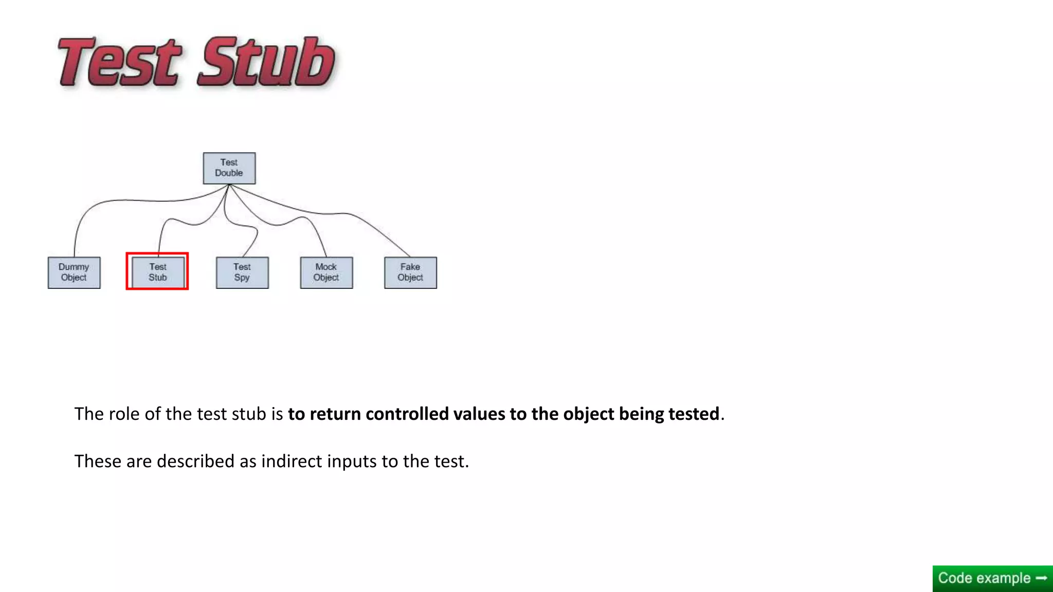 The role of the test stub is to return controlled values to the object being tested.
These are described as indirect inputs to the test.
 