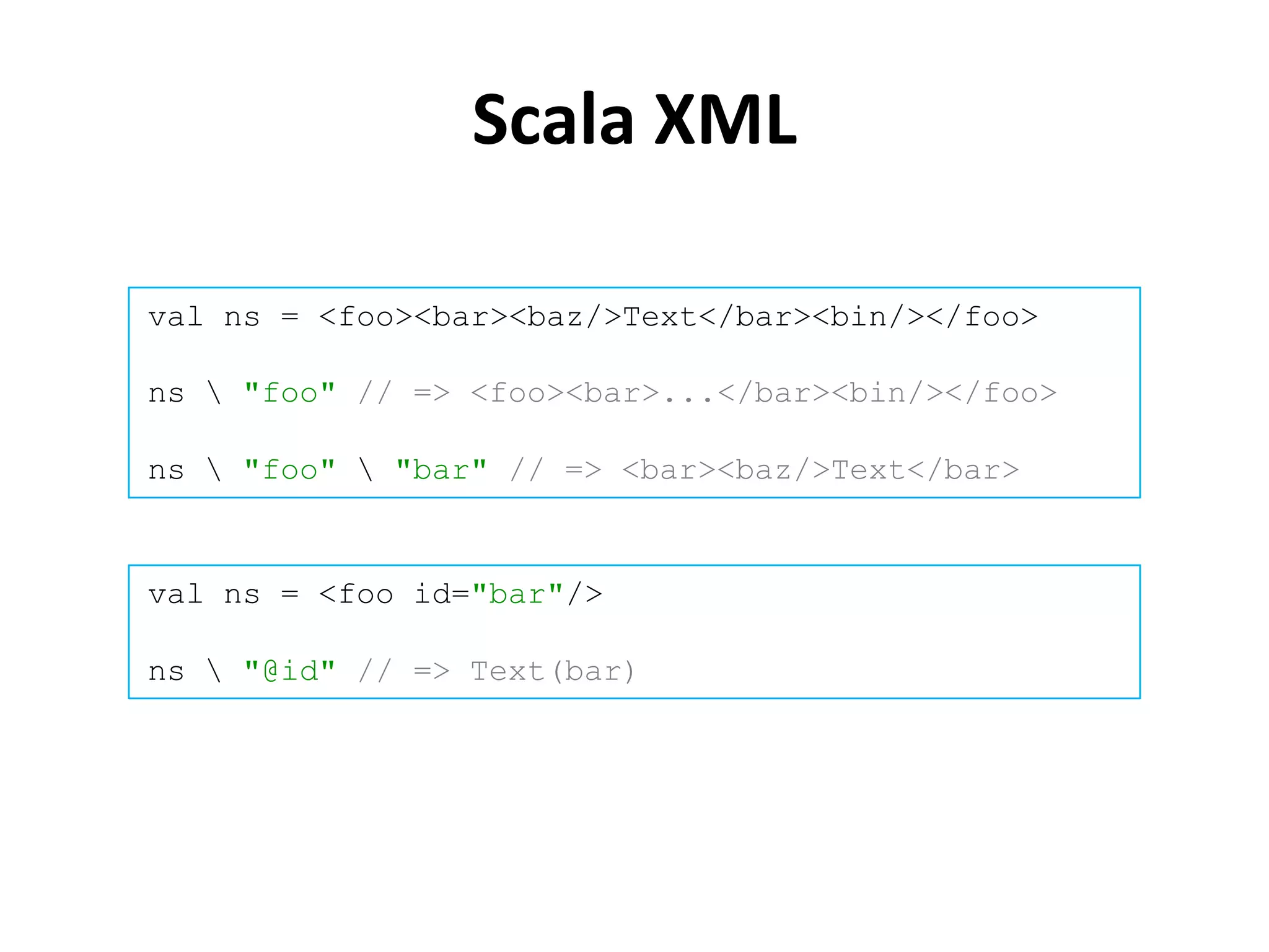 Scala XML

val ns = <foo><bar><baz/>Text</bar><bin/></foo>

ns  "foo" // => <foo><bar>...</bar><bin/></foo>

ns  "foo"  "bar" // => <bar><baz/>Text</bar>


val ns = <foo id="bar"/>

ns  "@id" // => Text(bar)
 