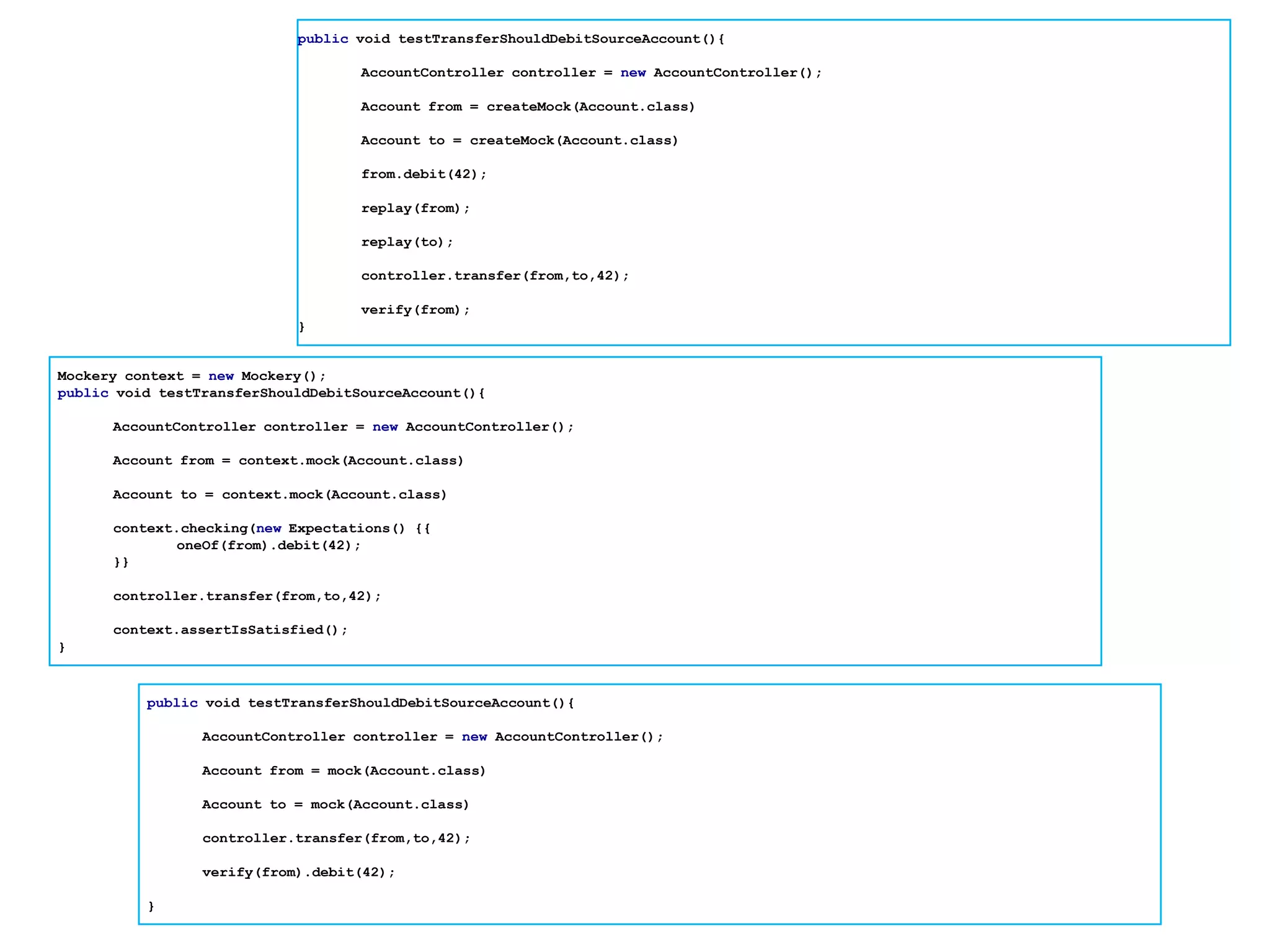public void testTransferShouldDebitSourceAccount(){

                                     AccountController controller = new AccountController();

                                     Account from = createMock(Account.class)

                                     Account to = createMock(Account.class)

                                     from.debit(42);

                                     replay(from);

                                     replay(to);

                                     controller.transfer(from,to,42);

                                     verify(from);
                            }


Mockery context = new Mockery();
public void testTransferShouldDebitSourceAccount(){

      AccountController controller = new AccountController();

      Account from = context.mock(Account.class)

      Account to = context.mock(Account.class)

      context.checking(new Expectations() {{
              oneOf(from).debit(42);
      }}

      controller.transfer(from,to,42);

      context.assertIsSatisfied();
}


          public void testTransferShouldDebitSourceAccount(){

                 AccountController controller = new AccountController();

                 Account from = mock(Account.class)

                 Account to = mock(Account.class)

                 controller.transfer(from,to,42);

                 verify(from).debit(42);

          }
 