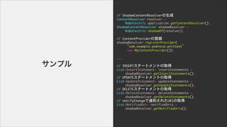 //	 ShadowContentResolver

ContentResolver	 resolver	 =	 

	  	  Robolectric.application.getContentResolver();

ShadowContentResolver	 shadowResolver	 =	 

	  	  Robolectric.shadowOf(resolver);

!
//	 ContentProviderεh

shadowResolver.registerProvider(

	  	  com.example.android.unittest

	  	  	 new	 MyContentProvider());

	  	  

...

	  	  

//	 INSERTƩ`ȥȤȡ

List<InsertStatement>	 insertStatements	 =	 

	  	  shadowResolver.getInsertStatements();

//	 UPDATEƩ`ȥȤȡ

List<UpdateStatement>	 updateStatements	 =	 

	  	  shadowResolver.getUpdateStatements();

//	 DELETEƩ`ȥȤȡ

List<DeleteStatement>	 deleteStatements	 =	 

	  	  shadowResolver.getDeleteStatements();

//	 notifyChange֪ͨ줿URIȡ

List<NotifiedUri>	 notifiedUris	 =	 

	  	  shadowResolver.getNotifiedUris();

ץ
 