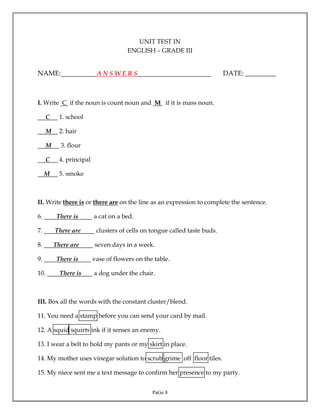 K TO 12 GRADE 3 Unit Test in ENGLISH