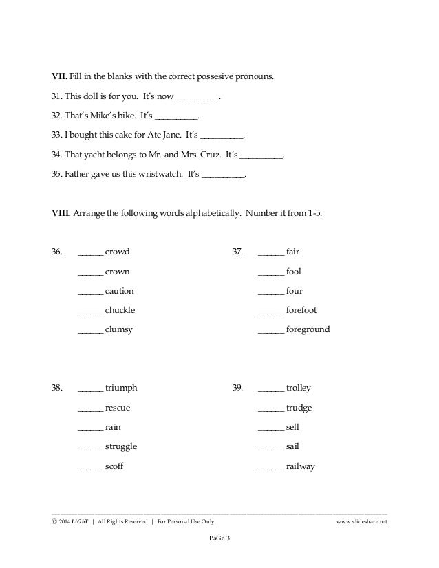 Printables Grade 3 English k to 12 grade 3 unit test in english page 2 2014