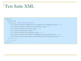 Test Suite XML < phpunit > < testsuites > < testsuite   name = "Object_Freezer" > < file > Tests/Freezer/HashGenerator/NonRecursiveSHA1Test.php < / file > < file > Tests/Freezer/IdGenerator/UUIDTest.php < / file > < file > Tests/Freezer/UtilTest.php < / file > < file > Tests/FreezerTest.php < / file > < file > Tests/Freezer/StorageTest.php < / file > < file > Tests/Freezer/Storage/CouchDB/WithLazyLoadTest.php < / file > < file > Tests/Freezer/Storage/CouchDB/WithoutLazyLoadTest.php < / file > < / testsuite > < / testsuites > < / phpunit > 