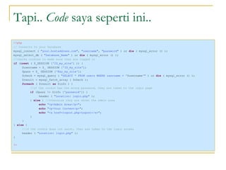 Tapi..  Code  saya seperti ini.. <ul><li><?php </li></ul><ul><li>// Connects to your Database  </li></ul><ul><li>mysql_con...