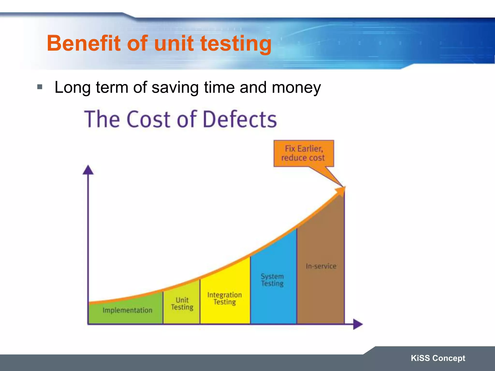 Benefit of unit testing  Long term of saving time and money KiSS Concept 