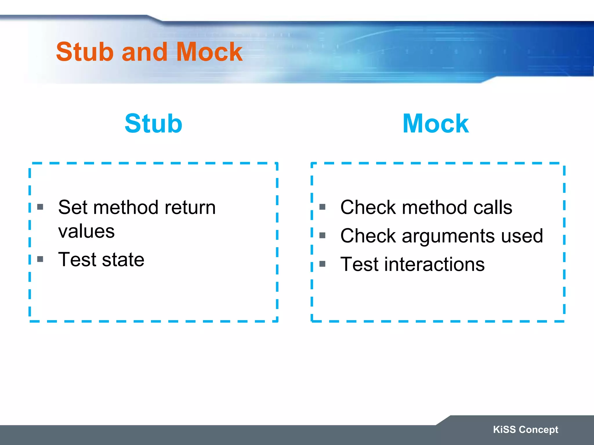 Stub and Mock  Set method return values  Test state  Check method calls  Check arguments used  Test interactions KiSS Concept Stub Mock 