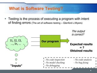 What is Software Testing?
 Testing is the process of executing a program with intent
of finding errors (The art of software testing – Glenford J.Myers)
4
Our program
The output
is correct?
I1, I2, I3,
…, In, … Expected results
= ?
Obtained results
“Inputs”
- No code inspection - No code analysis
- No model checking - No bug fixing
- No debugging
 