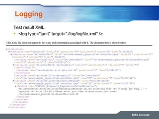 Logging
Test result XML
 <log type="junit" target="./log/logfile.xml" />
KiSS Concept
 