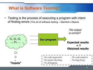 What is Software Testing?
 Testing is the process of executing a program with intent
of finding errors (The art of softwa...