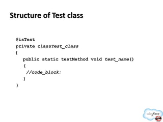 Structure of Test class
@isTest
private classTest_class
{
public static testMethod void test_name()
{
//code_block;
}
}

 