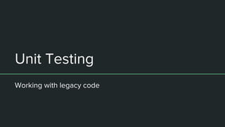 ● The Liar (test passes but not really testing)
● Excessive Setup (might be integration test?)
● The Giant (alt to God Class)
● The Mockery (similar to Excessive Setup)
● The Inspector
● Generous Leftovers
● The Local Hero (dev environment dependencies)
● The Nitpicker (asseting unimportant details)
● The Secret Catcher
Unit Testing Anti-patterns
● The Sequencer (order dependency)
● Hidden Dependency
● The Enumerator (bad naming)
● The Stranger (not relative to the case)
● The Distant Relative
● The Operating System Evangelist
● Success Against All Odds
● The Free Ride (stuffing assertions)
● The One (Giant & Free Ride)
 