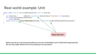 Real world example: Unit Test
Here we can discuss about the need of this unit test and if the “unit” should follow the creative
or defensive programming strategy and trust the input or not!
 