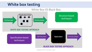 White box testing
Copyright © 2017 Crisan Marius Catalin
White Box VS Black Box
Structure-based
techniques
Specification-based
techniques
 