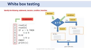 White box testing
Copyright © 2017 Crisan Marius Catalin
8 statements branch
branch
condition
decision
Identify the following: statements, decision, condition, branches.
 