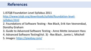 References
Copyright © 2017 Crisan Marius Catalin
1.ISTQB Foundation Level Syllabus 2011
http://www.istqb.org/downloads/syllabi/foundation-level-
syllabus.html
2. Foundations of Software Testing - Rex Black, Erik Van Veenendaal,
Dorothy Graham
3. Guide to Advanced Software Testing - Anne Mette Jonassen Hass
4. Advanced Software Testing(Vol. 3) - Rex Black , Jamie L. Mitchell
5. Images: https://pixabay.com/
 