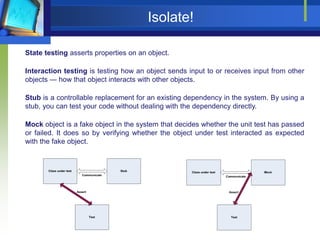Isolate!
State testing asserts properties on an object.
Interaction testing is testing how an object sends input to or receives input from other
objects — how that object interacts with other objects.
Stub is a controllable replacement for an existing dependency in the system. By using a
stub, you can test your code without dealing with the dependency directly.
Mock object is a fake object in the system that decides whether the unit test has passed
or failed. It does so by verifying whether the object under test interacted as expected
with the fake object.

 