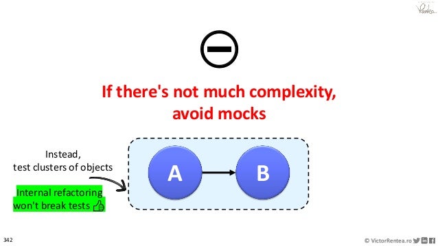 342 © VictorRentea.ro
a training by
⛔
If there's not much complexity,
avoid mocks
A B
Instead,
test clusters of objects
Internal refactoring
won't break tests 👍
 