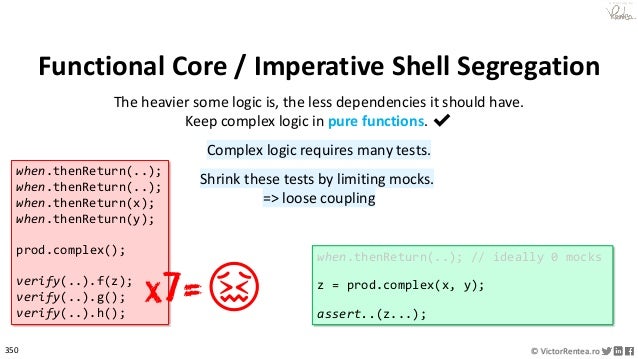 350 © VictorRentea.ro
a training by
Functional Core / Imperative Shell Segregation
The heavier some logic is, the less dependencies it should have.
Keep complex logic in pure functions. ✔
Complex logic requires many tests.
Shrink these tests by limiting mocks.
=> loose coupling
when.thenReturn(..);
when.thenReturn(..);
when.thenReturn(x);
when.thenReturn(y);
prod.complex();
verify(..).f(z);
verify(..).g();
verify(..).h();
x7=😖
when.thenReturn(..); // ideally 0 mocks
z = prod.complex(x, y);
assert..(z...);
 