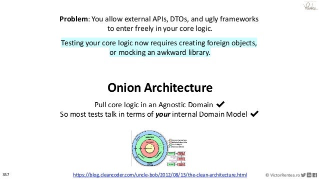 357 © VictorRentea.ro
a training by
Problem: You allow external APIs, DTOs, and ugly frameworks
to enter freely in your core logic.
Testing your core logic now requires creating foreign objects,
or mocking an awkward library.
Onion Architecture
Pull core logic in an Agnostic Domain ✔
So most tests talk in terms of your internal Domain Model ✔
https://blog.cleancoder.com/uncle-bob/2012/08/13/the-clean-architecture.html
 