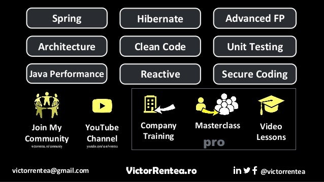 pro
Hibernate
Spring Advanced FP
Architecture Clean Code Unit Testing
Masterclass
Company
Training
Video
Lessons
@victorrentea
VictorRentea.ro
victorrentea@gmail.com
Java Performance Secure Coding
Reactive
victorrentea.ro/community
Join My
Community
YouTube
Channel
youtube.com/user/vrentea
 