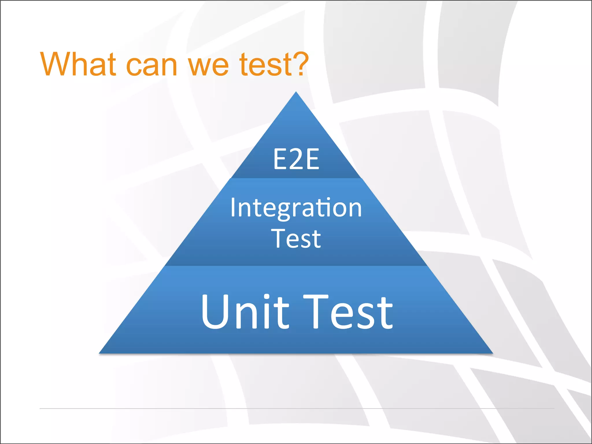 What can we test?
E2E	
  
Integra+on	
  
Test	
  
Unit	
  Test	
  
 