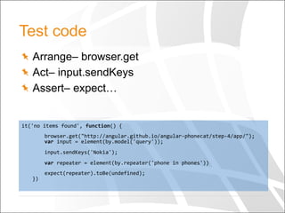 Test code
  Arrange– browser.get
  Act– input.sendKeys
  Assert– expect…
it('no	
  items	
  found',	
  function()	
  {	
  
	
  
	
  	
  	
  	
  browser.get("http://angular.github.io/angular-­‐phonecat/step-­‐4/app/");	
  
	
  	
  	
  	
  var	
  input	
  =	
  element(by.model('query'));	
  
	
  
	
  	
  	
  	
  input.sendKeys('Nokia');	
  
	
  
	
  	
  	
  	
  var	
  repeater	
  =	
  element(by.repeater('phone	
  in	
  phones'))	
  
	
  	
  	
  	
  	
  
	
  	
  	
  	
  expect(repeater).toBe(undefined);	
  
})	
  
 