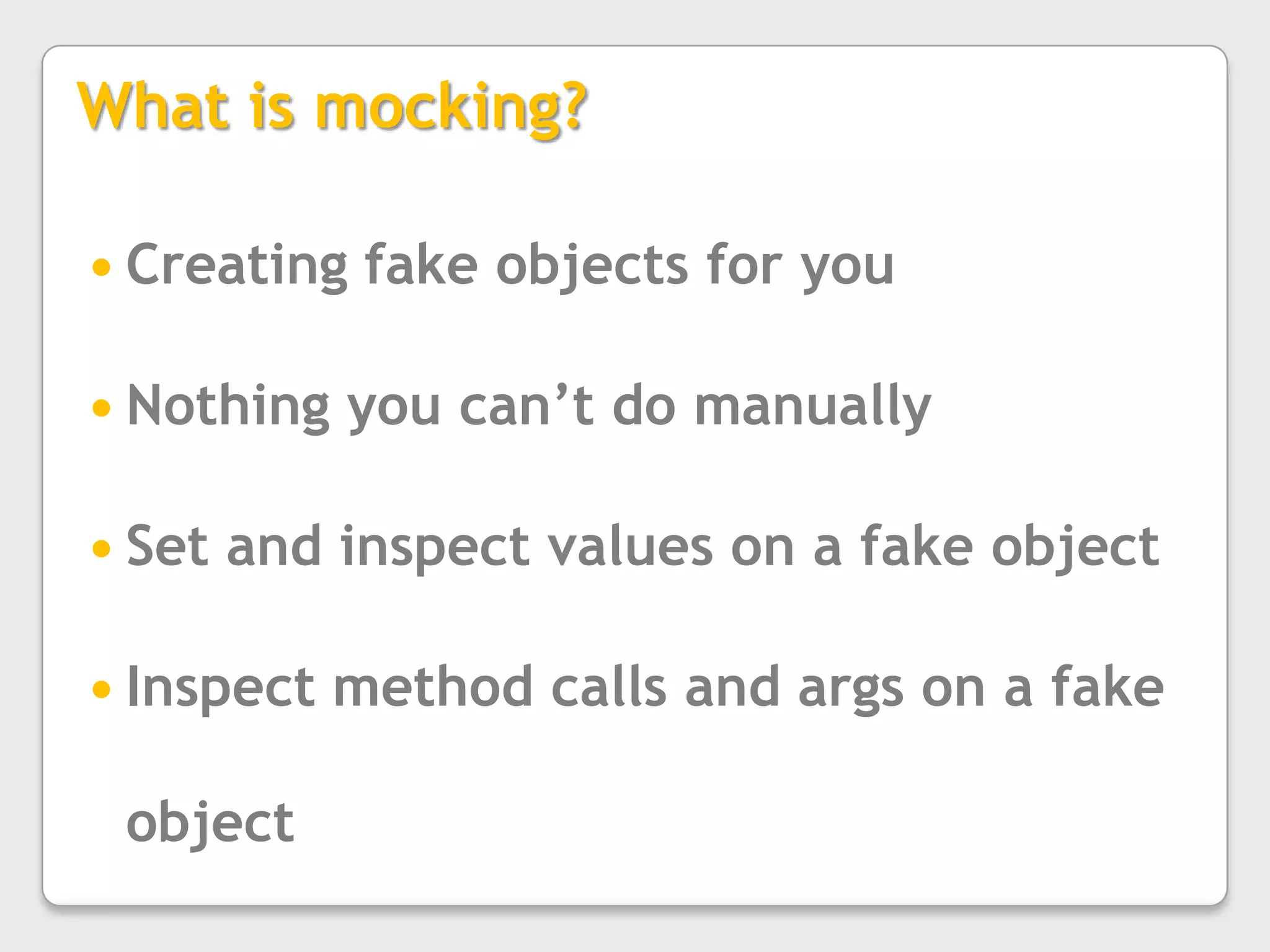 May want performance testingWhat do you need?Testing frameworkNUnit, MSTest, MbUnitTest runnerNUnit, MSTest, ReSharper, TDD.NETMocking frameworkRhino Mocks, Moq, TypeMockWhen do you write the test?Before coding (TDD, BDD)After/During codingFocus on requirements