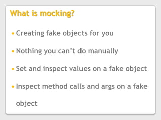 May want performance testingWhat do you need?Testing frameworkNUnit, MSTest, MbUnitTest runnerNUnit, MSTest, ReSharper, TDD.NETMocking frameworkRhino Mocks, Moq, TypeMockWhen do you write the test?Before coding (TDD, BDD)After/During codingFocus on requirements