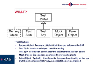WHAT?
Test Doubles:
 Dummy Object: Temporary Object that does not influence the SUT
 Test Stub: Hand coded object used for testing
 Test Spy: Verification occurs after the test method has been called
 Mock Object: Expectations configured before calling tests
 Fake Object: Typically, it implements the same functionality as the real
DOC but in a much simpler way, no expectation are configured.
 