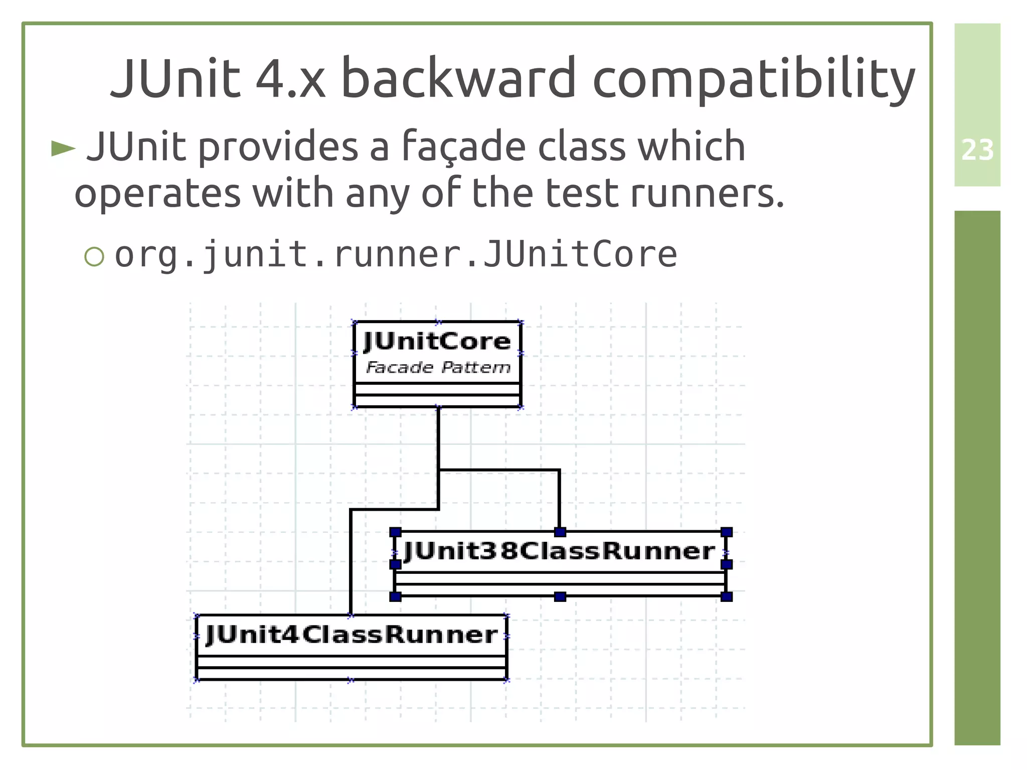 JUnit 4.x backward compatibility
► JUnit provides a façade class which     23
 operates with any of the test runners.
 ○ org.junit.runner.JUnitCore
 