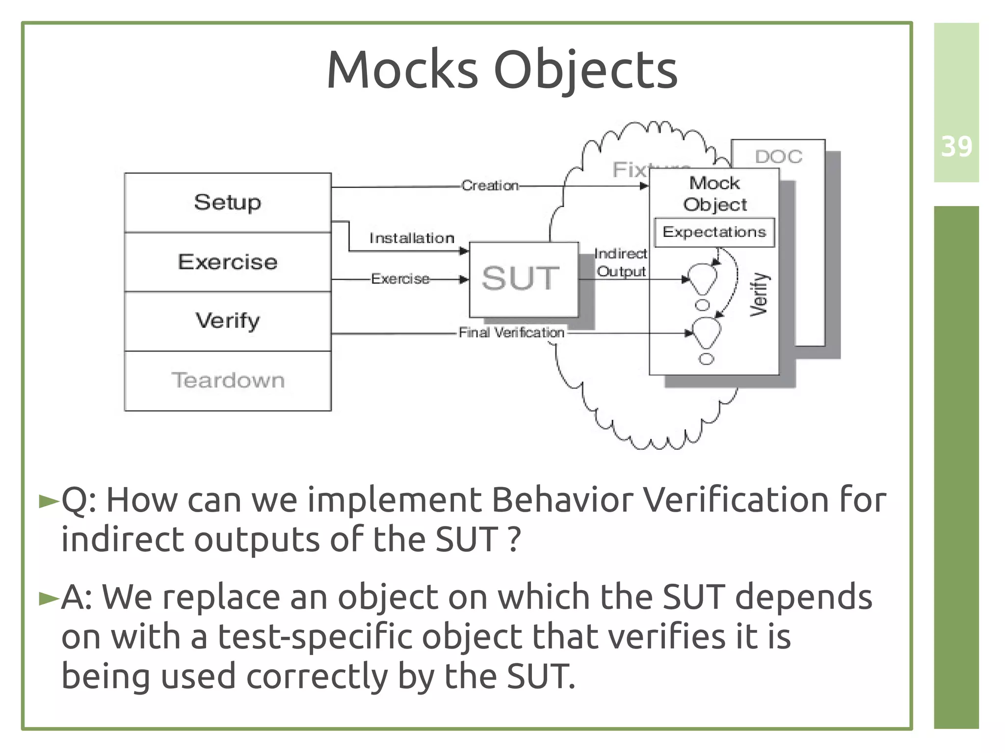 Mocks Objects
                                                      39




►Q: How can we implement Behavior Verification for
 indirect outputs of the SUT ?
►A: We replace an object on which the SUT depends
 on with a test-specific object that verifies it is
 being used correctly by the SUT.
 