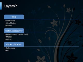 Layers?
Web
• Controllers
• ViewModels
• Helpers

DataAccessLayer
• Repositories (or what ever)
• Models
• Helpers

Other Libraries
• Rules Logic
• Etc…

 