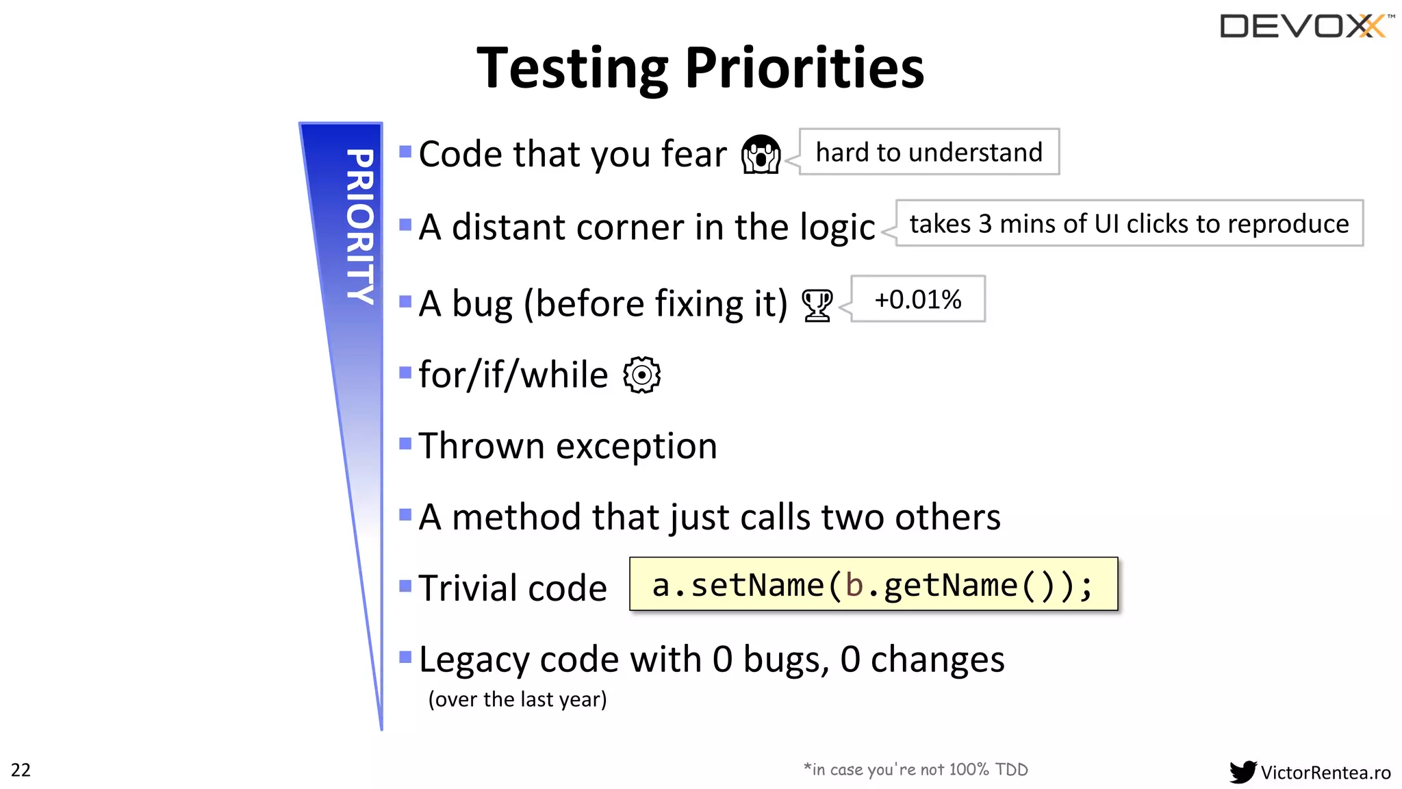 22 VictorRentea.ro
▪Code that you fear 😱
▪A distant corner in the logic
▪A bug (before fixing it) 🏆
▪for/if/while ⚙
▪Thrown exception
▪A method that just calls two others
▪Trivial code
▪Legacy code with 0 bugs, 0 changes
(over the last year)
Testing Priorities
PRIORITY
a.setName(b.getName());
*in case you're not 100% TDD
hard to understand
takes 3 mins of UI clicks to reproduce
+0.01%
 