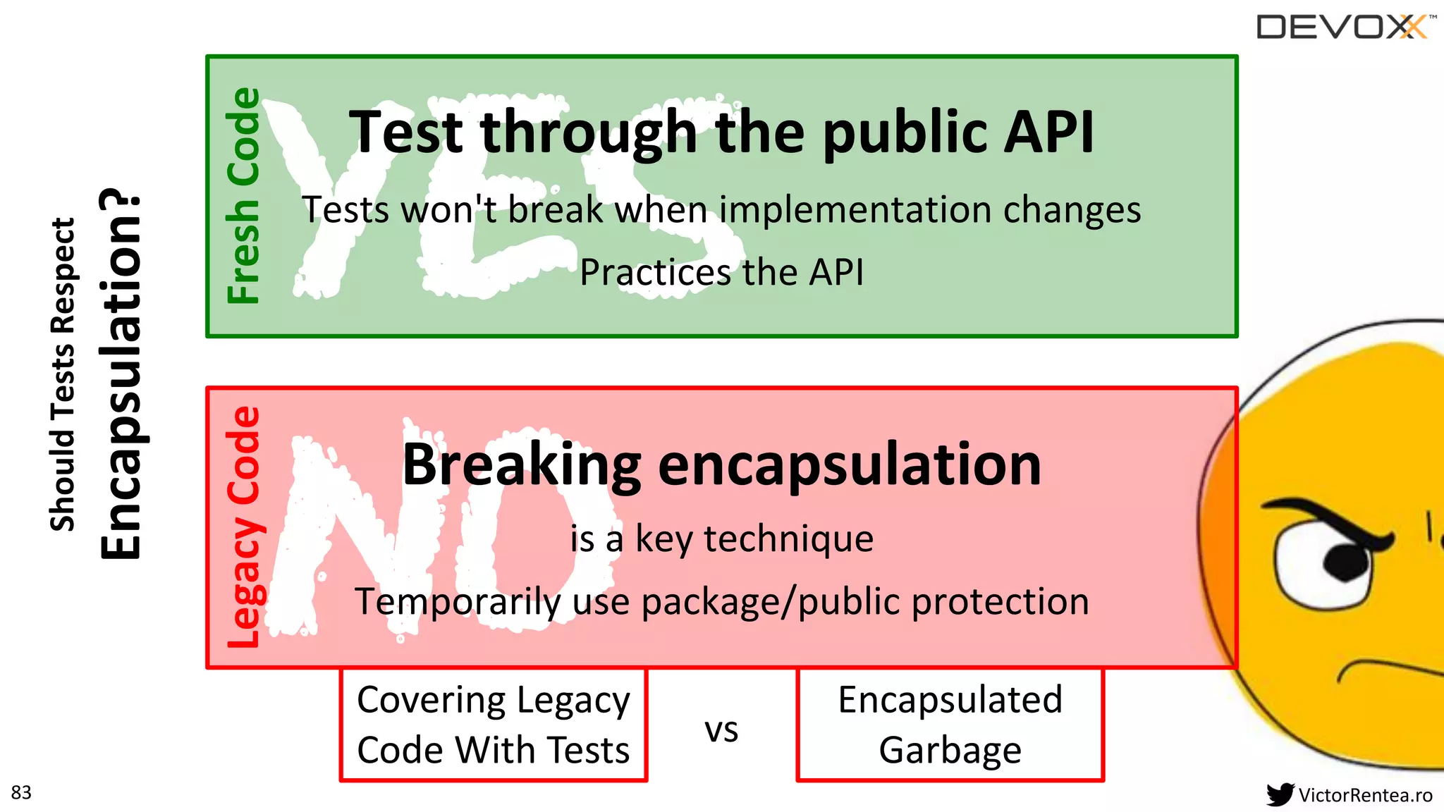 83 VictorRentea.ro
FreshCodeLegacyCode
Encapsulated
Garbage
Covering Legacy
Code With Tests
vs
ShouldTestsRespect
Encapsulation?
YES
Test through the public API
Tests won't break when implementation changes
Practices the API
NO
Breaking encapsulation
is a key technique
Temporarily use package/public protection
 
