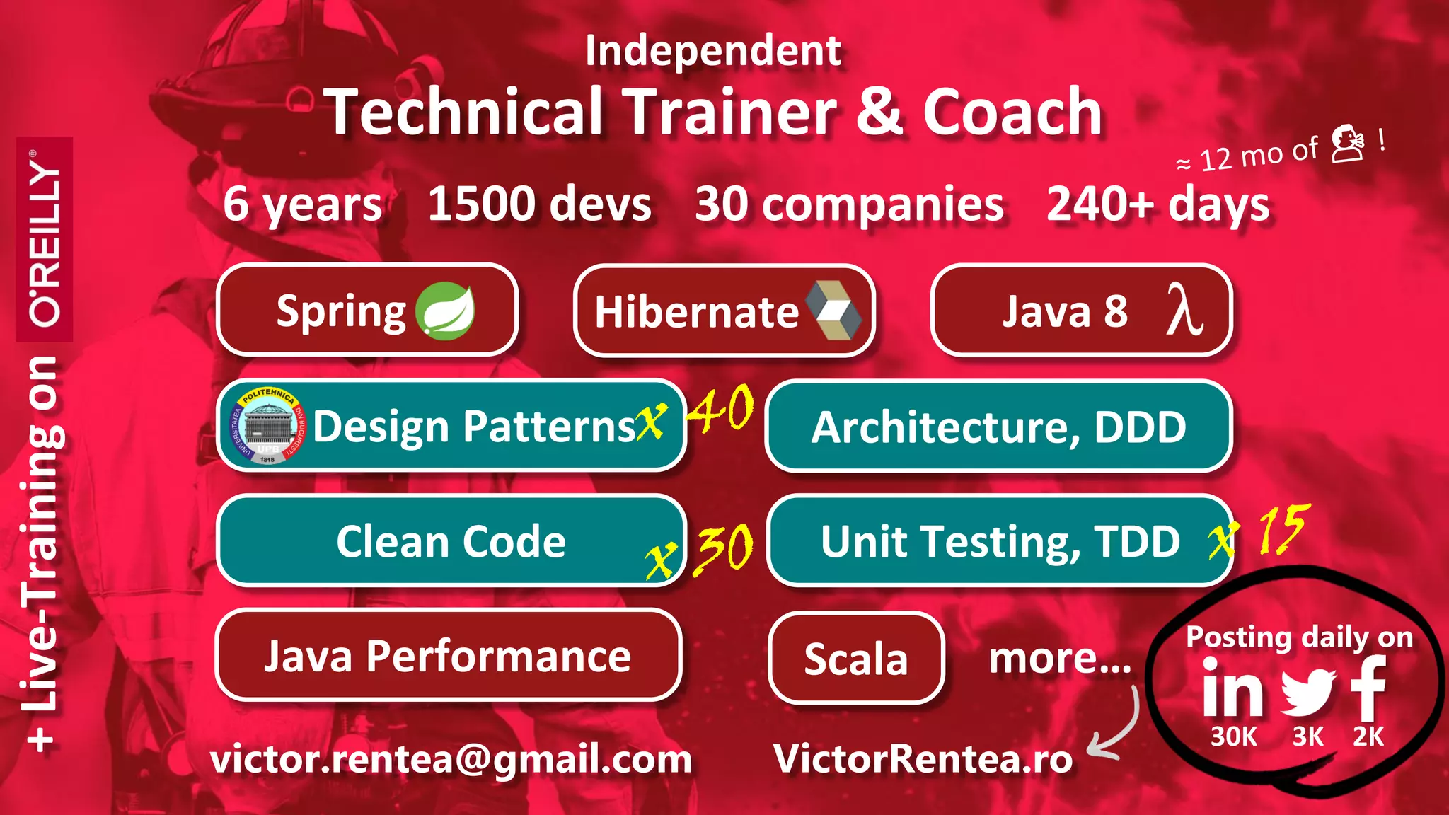 VictorRentea.ro @victorrentea victor.rentea@gmail.com
Independent
Technical Trainer & Coach
HibernateSpring Java 8
Architecture, DDDDesign Patterns
Clean Code Unit Testing, TDD
Java Performance more…Scala
240+ days1500 devs6 years
VictorRentea.rovictor.rentea@gmail.com
30 companies
Posting daily on
+Live-Trainingon
30K 3K 2K
 