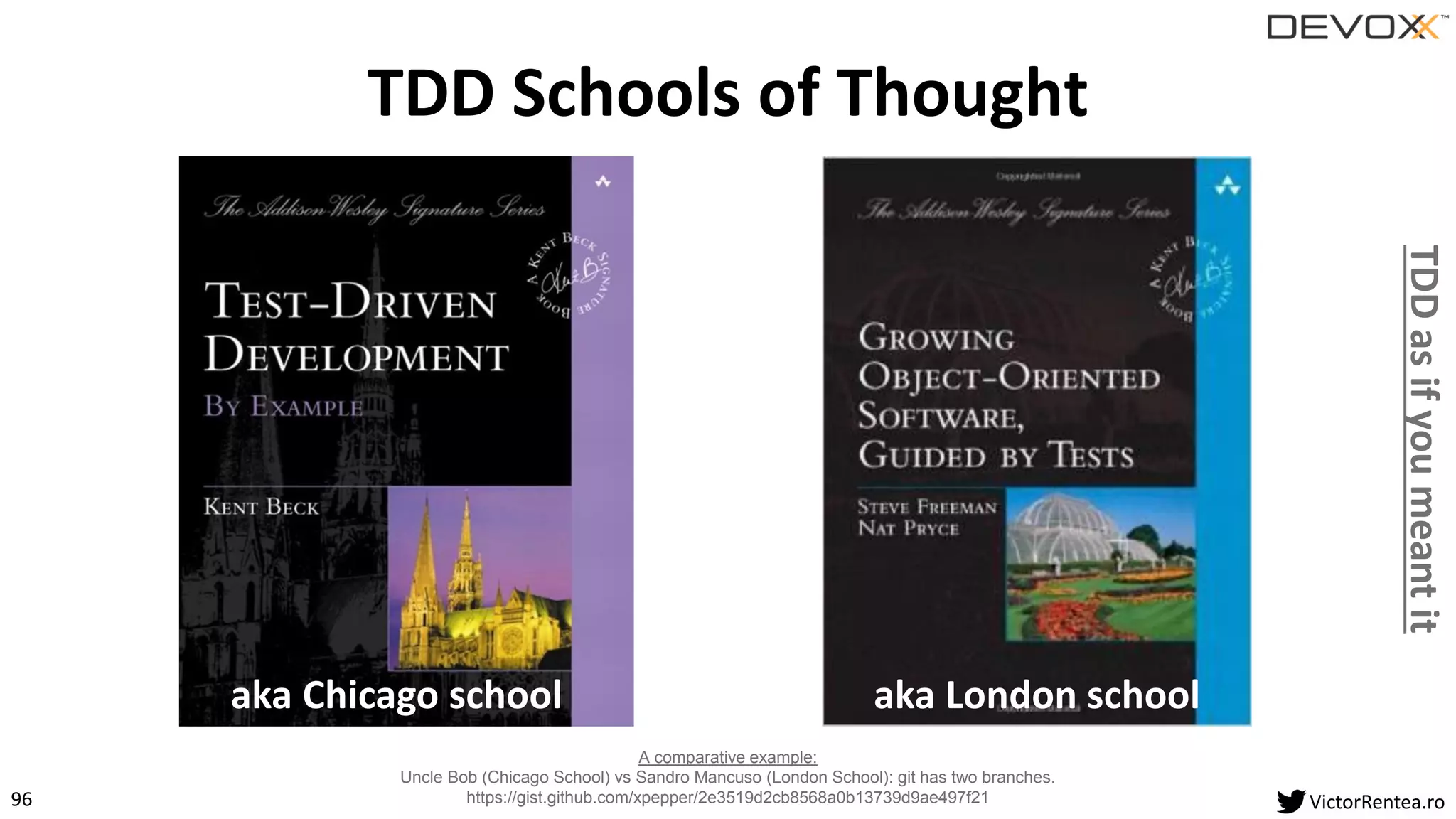 96 VictorRentea.ro
TDD Schools of Thought
TDDasifyoumeantit
A comparative example:
Uncle Bob (Chicago School) vs Sandro Mancuso (London School): git has two branches.
https://gist.github.com/xpepper/2e3519d2cb8568a0b13739d9ae497f21
aka Chicago school aka London school
 
