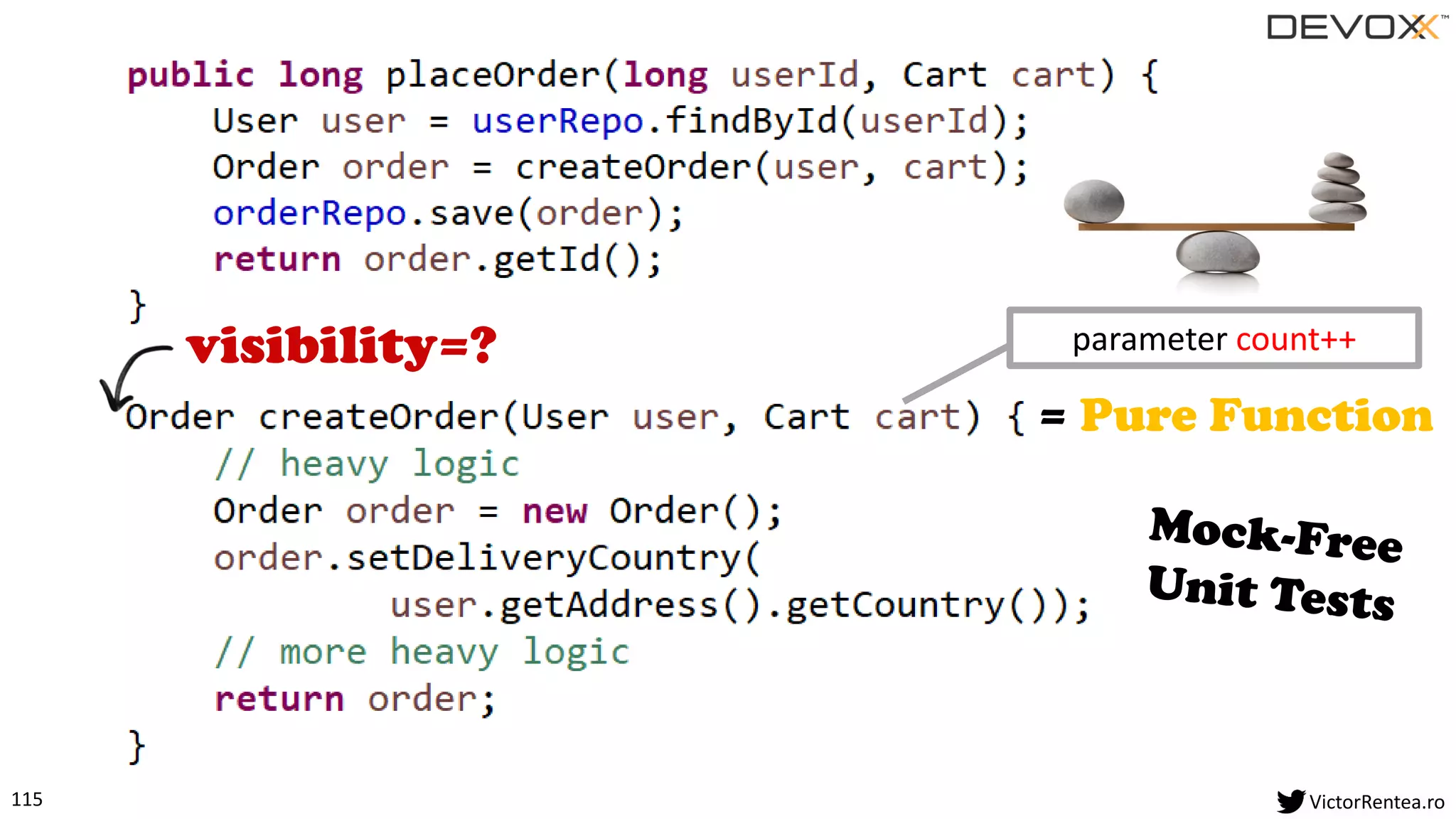 115 VictorRentea.ro
= Pure Function
visibility=? parameter count++
 