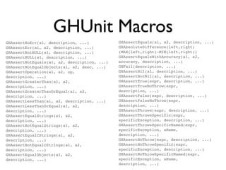 GHUnit Macros
GHAssertNoErr(a1, description, ...)           GHAssertEquals(a1, a2, description, ...)
GHAssertErr(a1, a2, description, ...)         GHAbsoluteDifference(left,right)
GHAssertNotNULL(a1, description, ...)         (MAX(left,right)-MIN(left,right))
GHAssertNULL(a1, description, ...)            GHAssertEqualsWithAccuracy(a1, a2,
GHAssertNotEquals(a1, a2, description, ...)   accuracy, description, ...)
GHAssertNotEqualObjects(a1, a2, desc, ...)    GHFail(description, ...)
GHAssertOperation(a1, a2, op,                 GHAssertNil(a1, description, ...)
description, ...)                             GHAssertNotNil(a1, description, ...)
GHAssertGreaterThan(a1, a2,                   GHAssertTrue(expr, description, ...)
description, ...)                             GHAssertTrueNoThrow(expr,
GHAssertGreaterThanOrEqual(a1, a2,            description, ...)
description, ...)                             GHAssertFalse(expr, description, ...)
GHAssertLessThan(a1, a2, description, ...)    GHAssertFalseNoThrow(expr,
GHAssertLessThanOrEqual(a1, a2,               description, ...)
description, ...)                             GHAssertThrows(expr, description, ...)
GHAssertEqualStrings(a1, a2,                  GHAssertThrowsSpecific(expr,
description, ...)                             specificException, description, ...)
GHAssertNotEqualStrings(a1, a2,               GHAssertThrowsSpecificNamed(expr,
description, ...)                             specificException, aName,
GHAssertEqualCStrings(a1, a2,                 description, ...)
description, ...)                             GHAssertNoThrow(expr, description, ...)
GHAssertNotEqualCStrings(a1, a2,              GHAssertNoThrowSpecific(expr,
description, ...)                             specificException, description, ...)
GHAssertEqualObjects(a1, a2,                  GHAssertNoThrowSpecificNamed(expr,
description, ...)                             specificException, aName,
                                              description, ...)
 