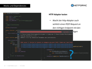 I © NETFORMIC GmbH I 22.12.201620
HTTP Adapter testen
Mocks und Dependencies
• Macht der http-Adapter auch
wirklich einen POST-Request an
den richtigen Endpoint mit den
richtigen Daten im richtigen
Format?“
?
 