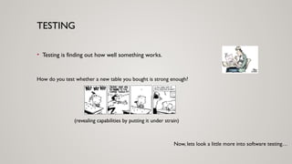 TESTING
• Testing is finding out how well something works.
How do you test whether a new table you bought is strong enough?
(revealing capabilities by putting it under strain)
Now, lets look a little more into software testing…
 