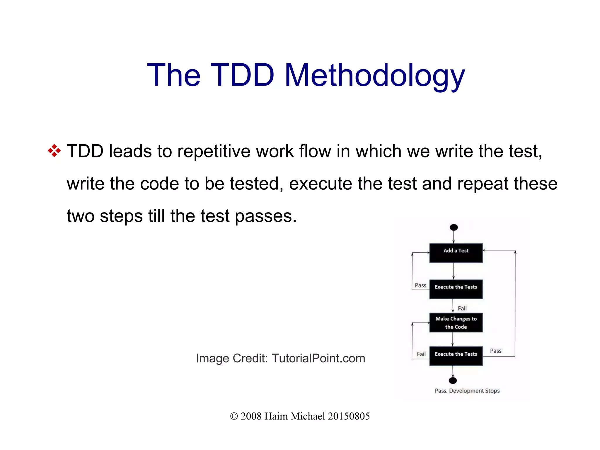 © 2008 Haim Michael 20150805
The TDD Methodology
 TDD leads to repetitive work flow in which we write the test,
write the code to be tested, execute the test and repeat these
two steps till the test passes.
Image Credit: TutorialPoint.com
 