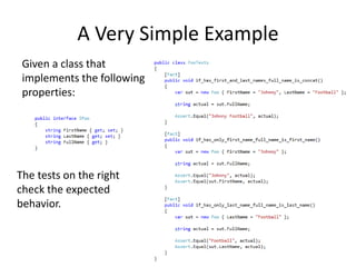 A Very Simple Example
Given a class that
implements the following
properties:
The tests on the right
check the expected
behavior.
 
