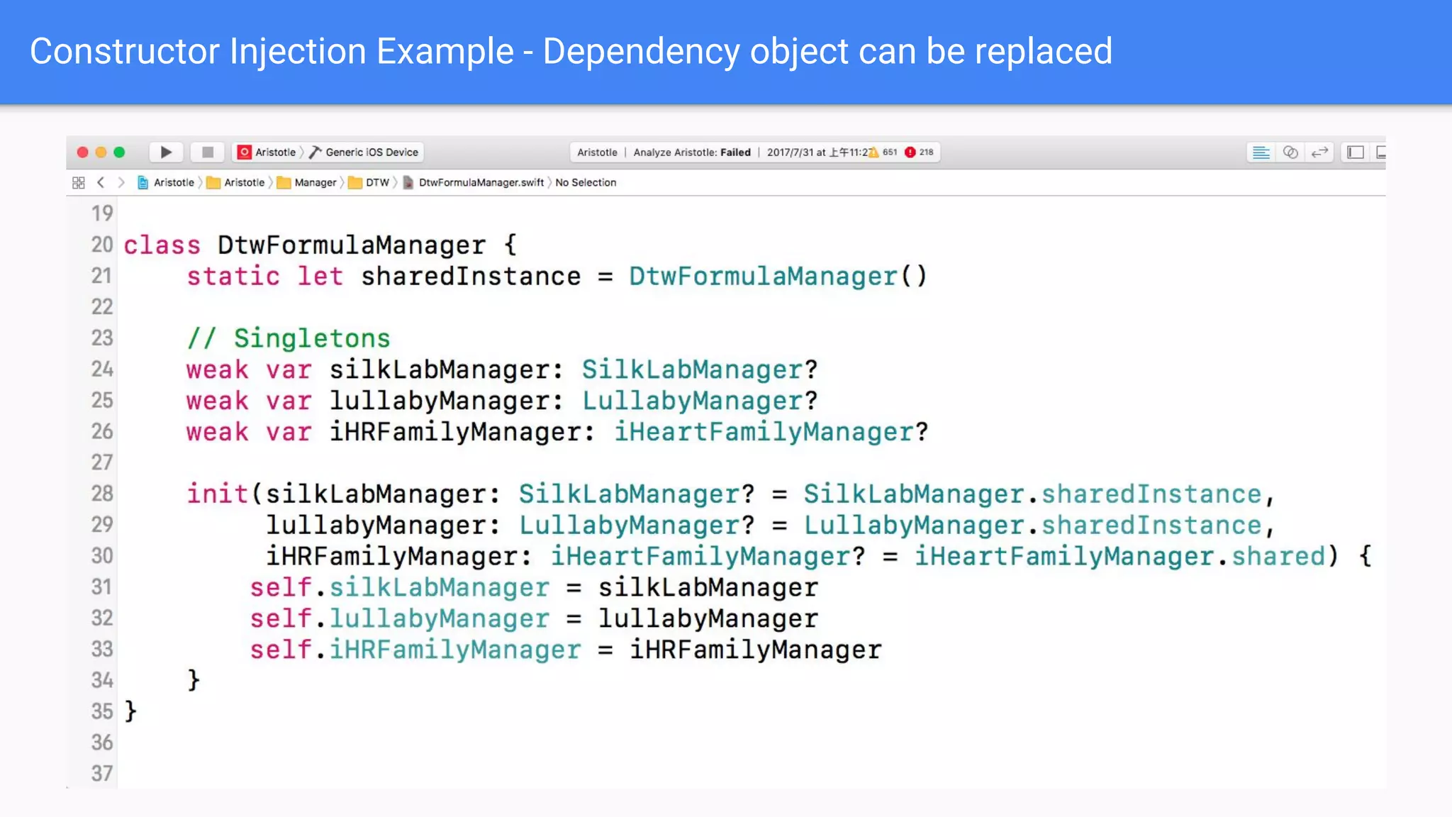 Constructor Injection Example - Dependency object can be replaced 