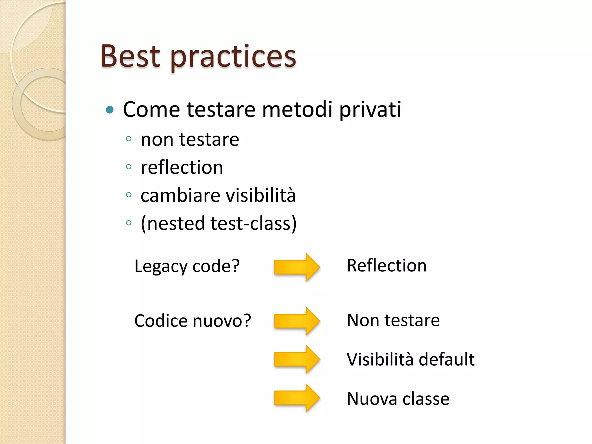 Best practices
 Come testare metodi privati
◦ non testare
◦ reflection
◦ cambiare visibilità
◦ (nested test-class)
ReflectionLegacy code?
Non testareCodice nuovo?
Visibilità default
Nuova classe
 