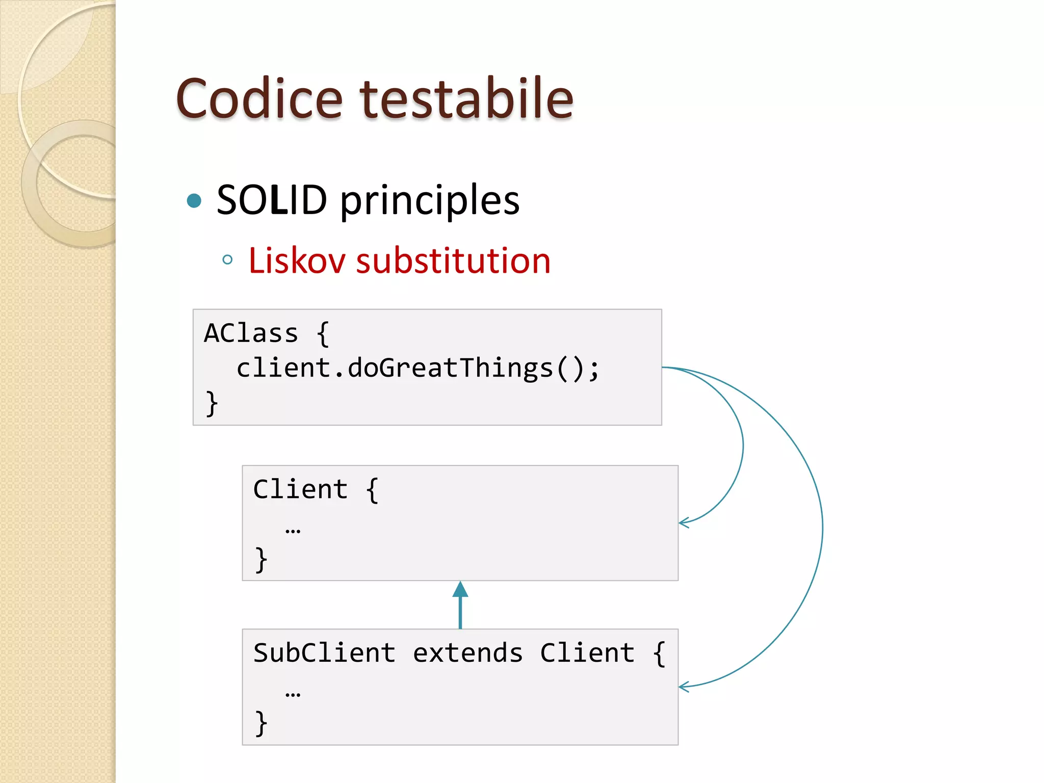 Codice testabile
 SOLID principles
◦ Liskov substitution
AClass {
client.doGreatThings();
}
Client {
…
}
SubClient extends Client {
…
}
 