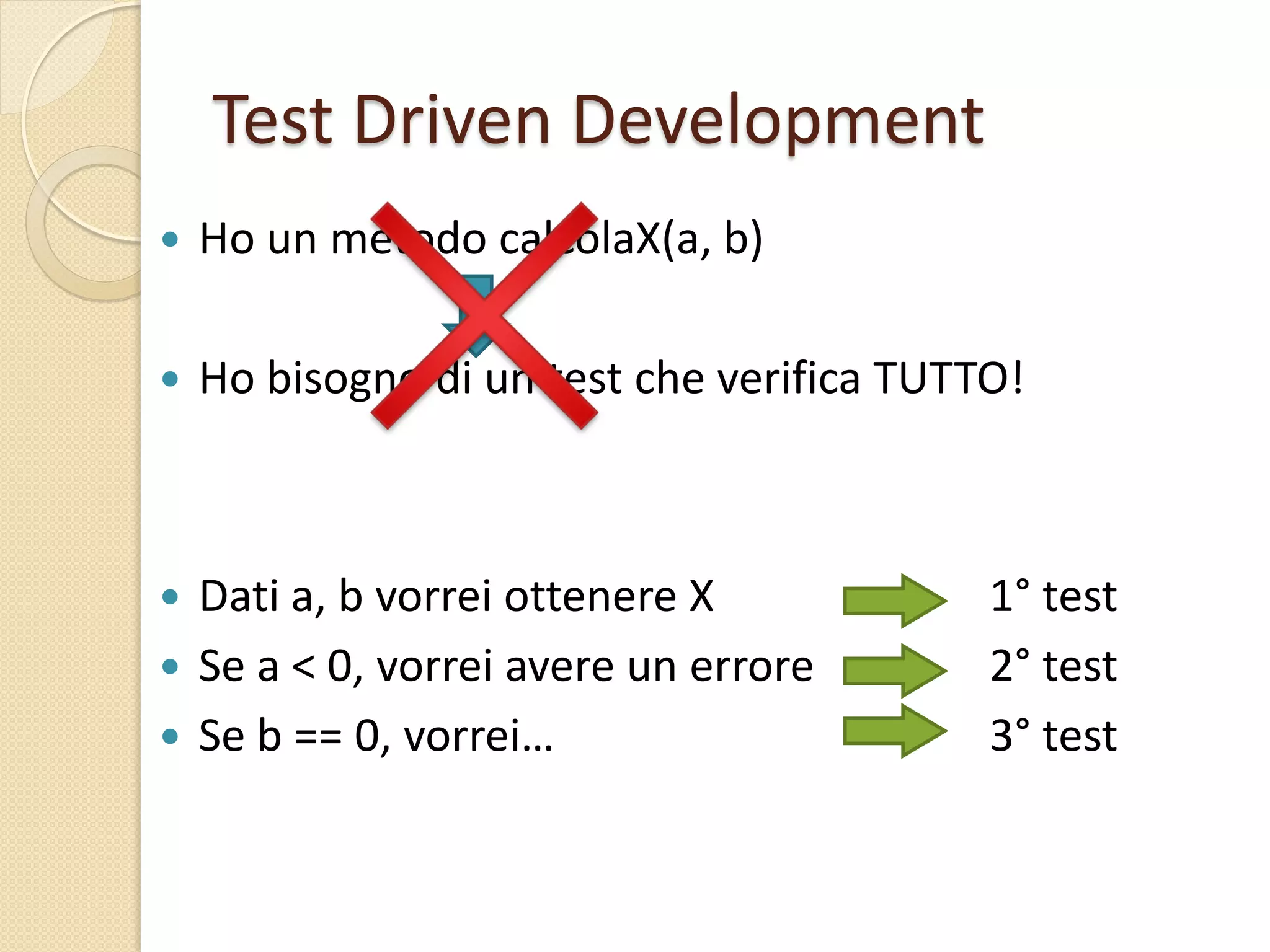 Test Driven Development
 Ho un metodo calcolaX(a, b)
 Ho bisogno di un test che verifica TUTTO!
 Dati a, b vorrei ottenere X
 Se a < 0, vorrei avere un errore
 Se b == 0, vorrei…
1° test
2° test
3° test
 